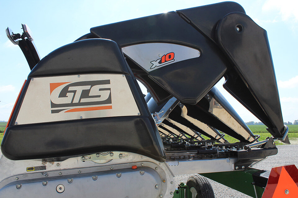 close up view of the side of a G T S corn head