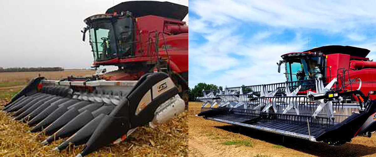 one combine with a G T S corn header and another combine with a draper head